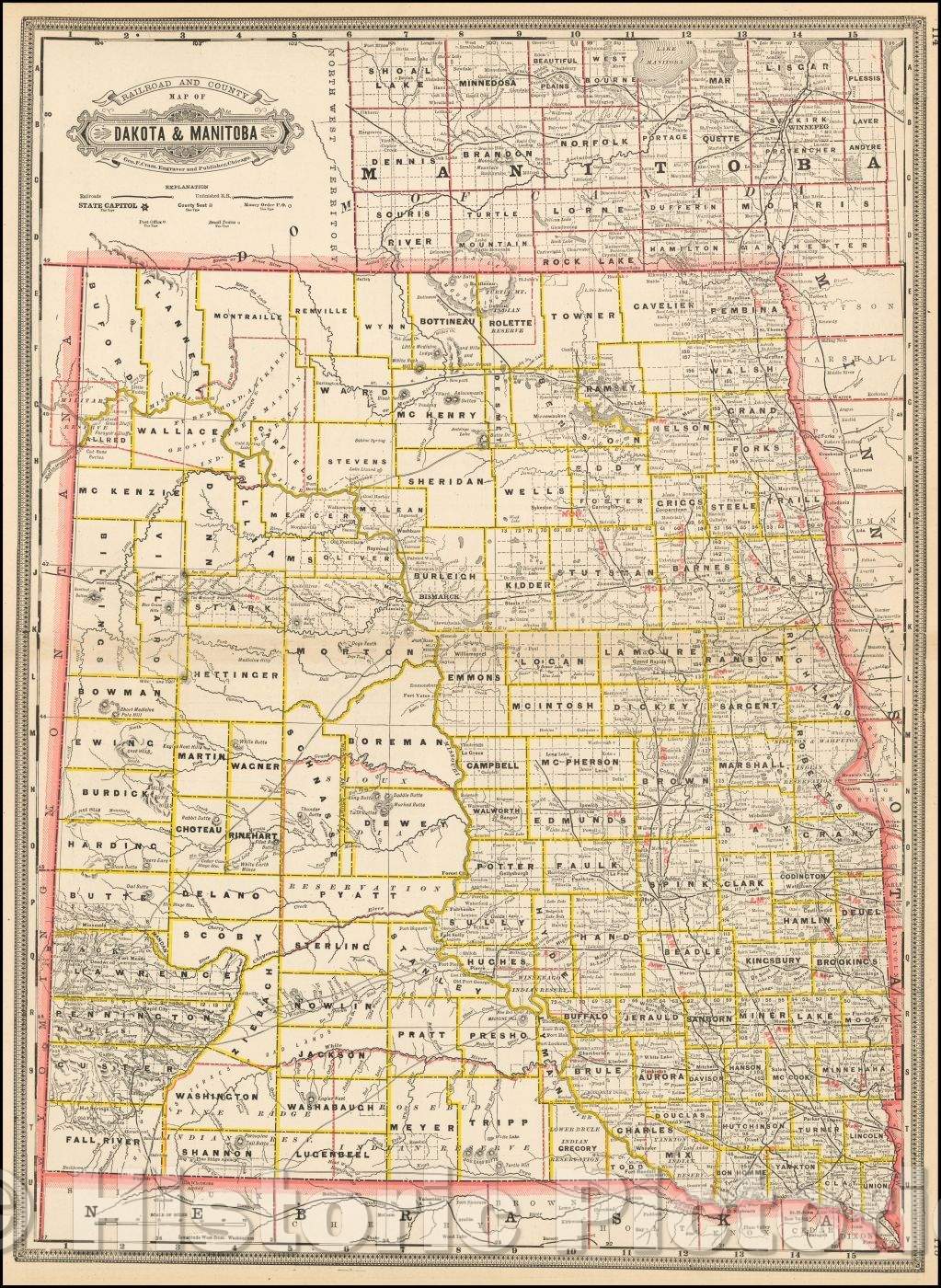 Historic Map - Railroad Map of Dakota & Manitoba, 1882, George F. Cram - Vintage Wall Art