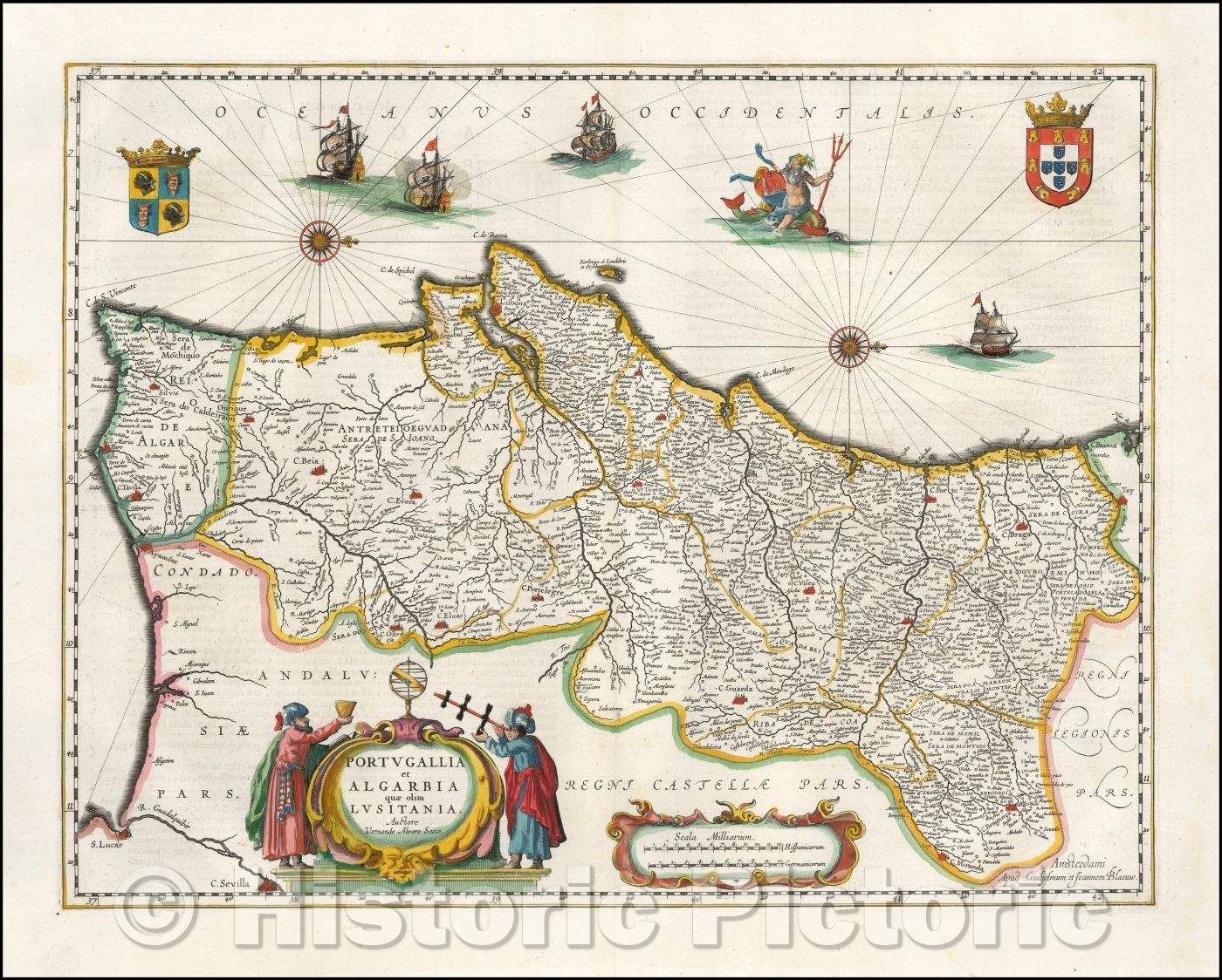 Historic Map - Portugalliae et Algarbia quae olim Lusitania/example of this Map of Portugal which appeared in the Blaeu Atlas Maior, 1660 - Vintage Wall Art