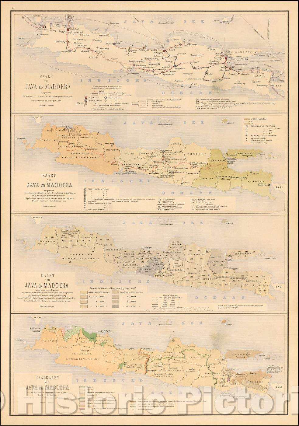 Historic Map - Kaart Van Java en Madoera aangevende de telegraaf-, stoomvaarte en spoorwe :: Java and Madura indicating the telegraph, 1885 - Vintage Wall Art