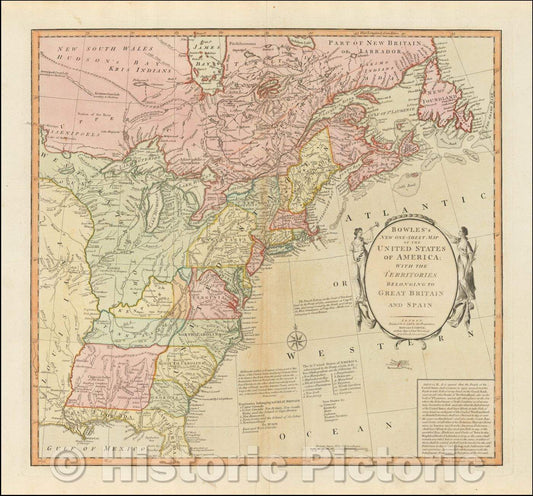 Historic Map - Bowles's New One-Sheet Map of the United States of America: With The Territories Belonging To Great Britain and Spain, 1795, Carrington Bowles - Vintage Wall Art