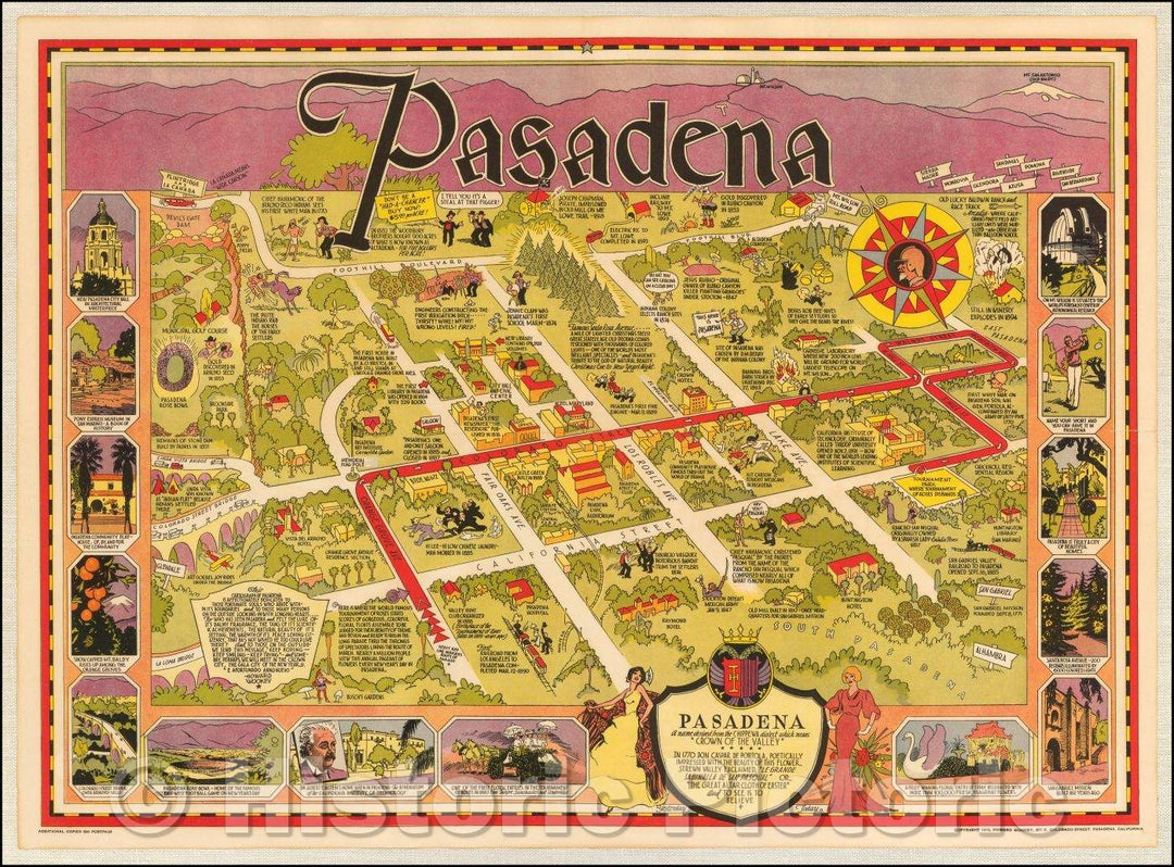 Historic Map - Pasadena A name derived from the Chippewa dialect which means, 1933, Howard Wookey - Vintage Wall Art