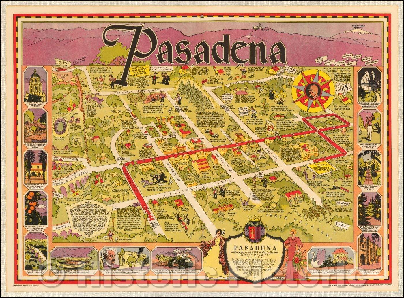 Historic Map - Pasadena A name derived from the Chippewa dialect which means, 1933, Howard Wookey - Vintage Wall Art