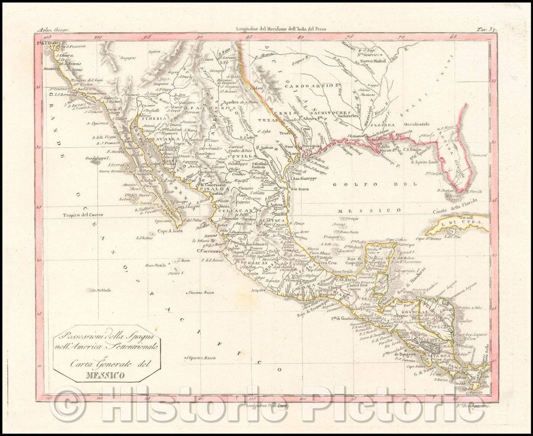 Historic Map - Possessioni della Spagna nell'America Settentrionale Carta Generale del Messico/Possessions of Spain in North America Mexico, 1807 - Vintage Wall Art