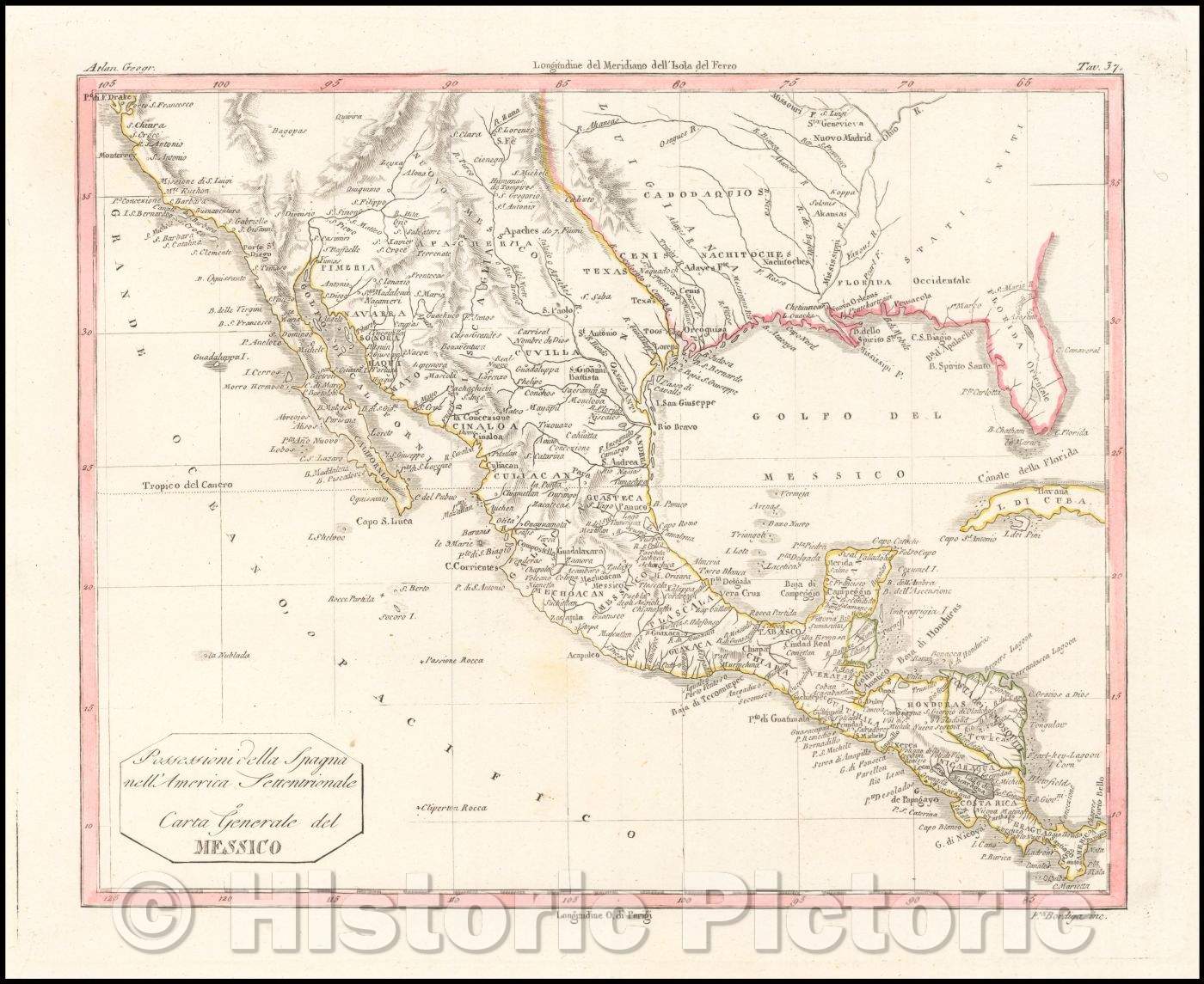 Historic Map - Possessioni della Spagna nell'America Settentrionale Carta Generale del Messico/Possessions of Spain in North America Mexico, 1807 - Vintage Wall Art