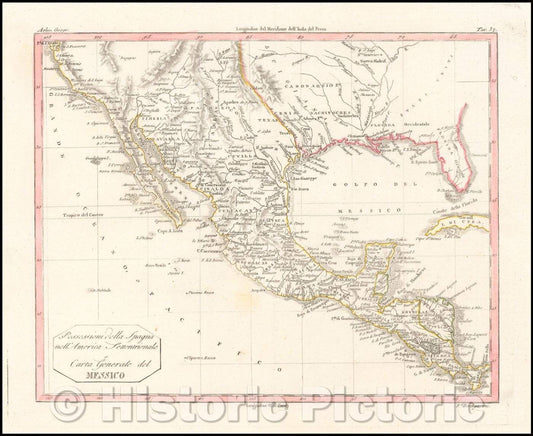 Historic Map - Possessioni della Spagna nell'America Settentrionale Carta Generale del Messico/Possessions of Spain in North America Mexico, 1807 - Vintage Wall Art