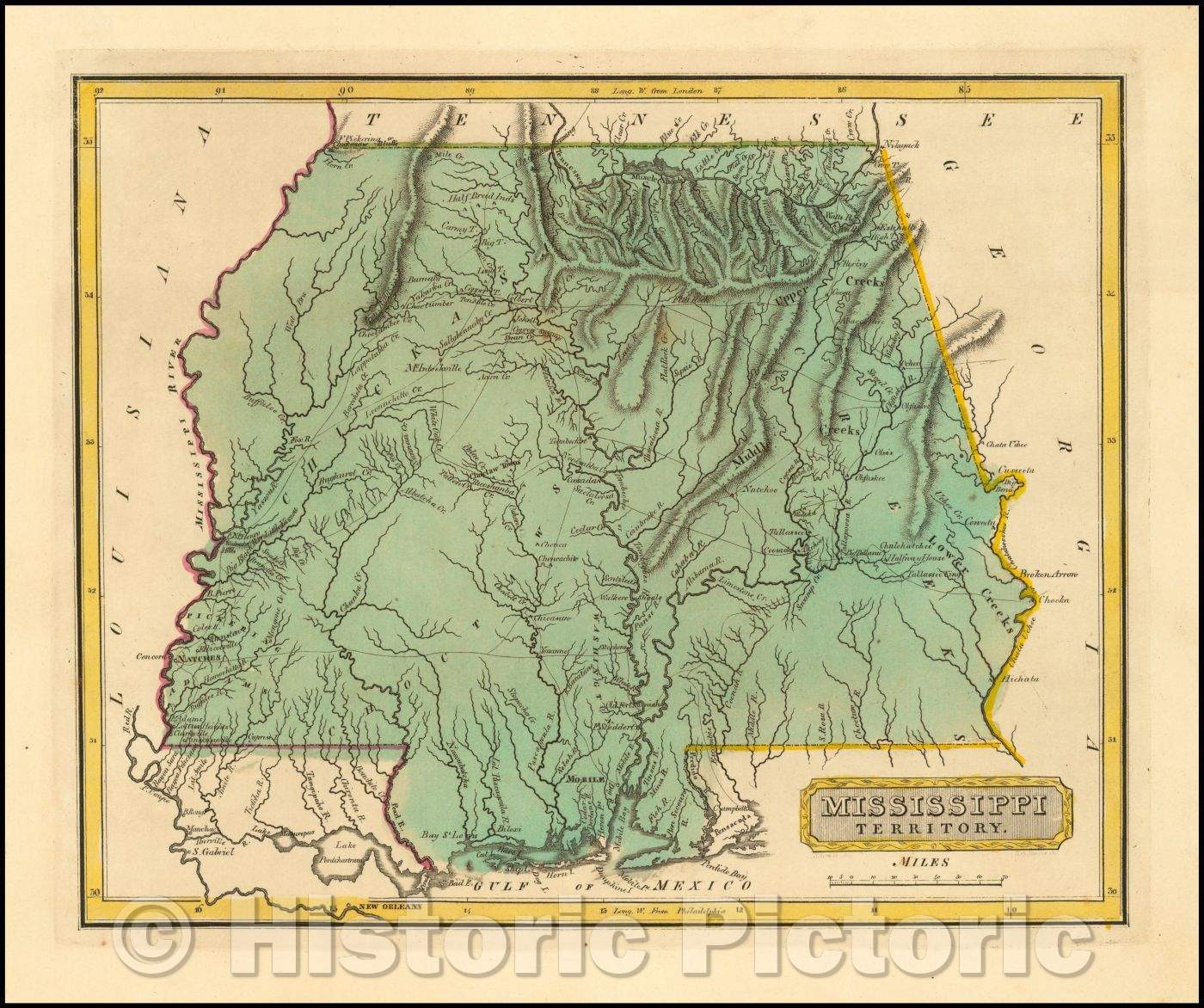 Historic Map - Mississippi Territory, 1816, Fielding Lucas Jr. - Vintage Wall Art