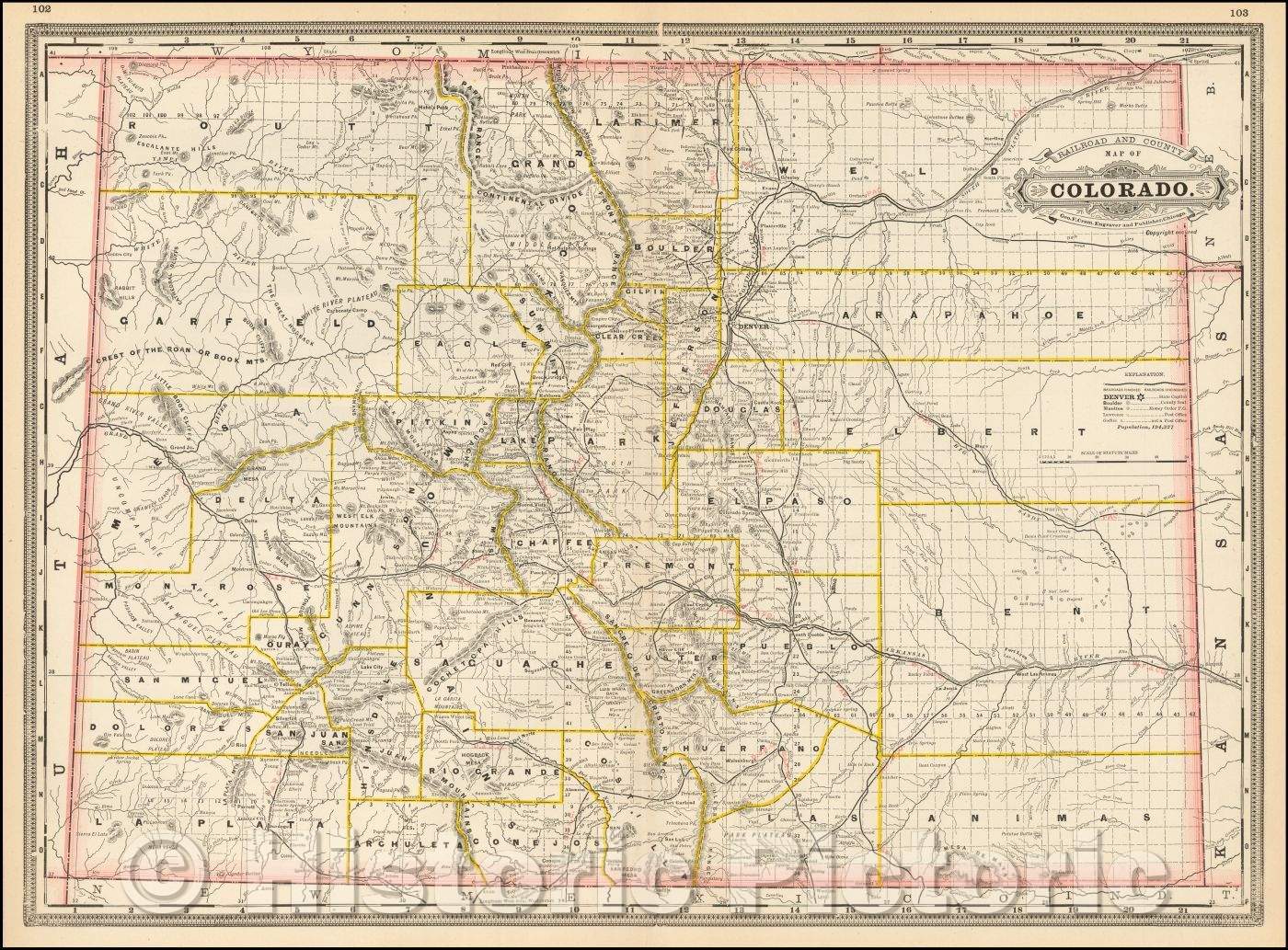 Historic Map - Railroad and County Map of Colorado, 1882, George F. Cram - Vintage Wall Art