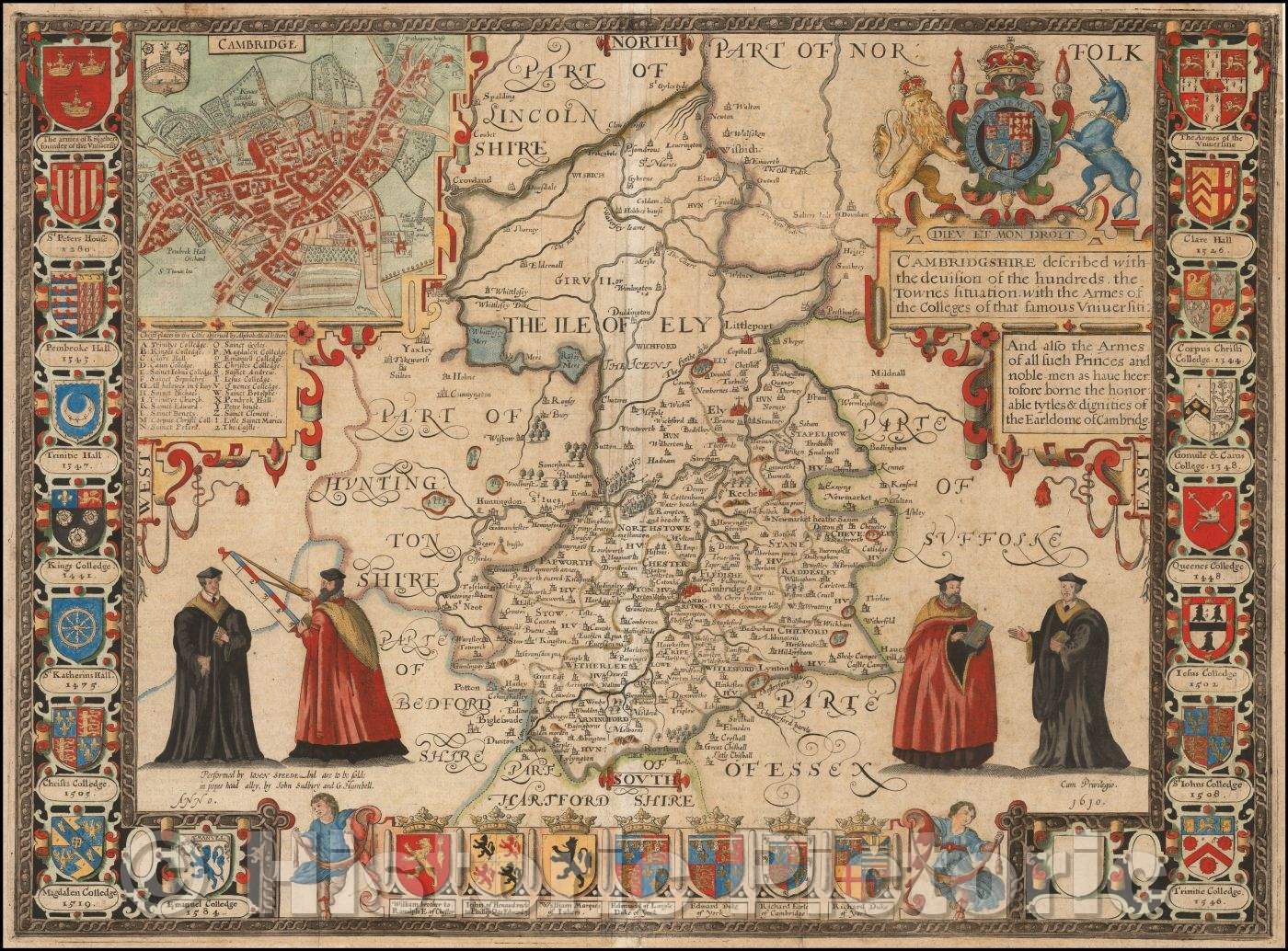 Historic Map - Cambridgshire described with the devision of the hundreds, the Townes situation with the Armes of the Colleges of that famous Universiti: 1676 - Vintage Wall Art