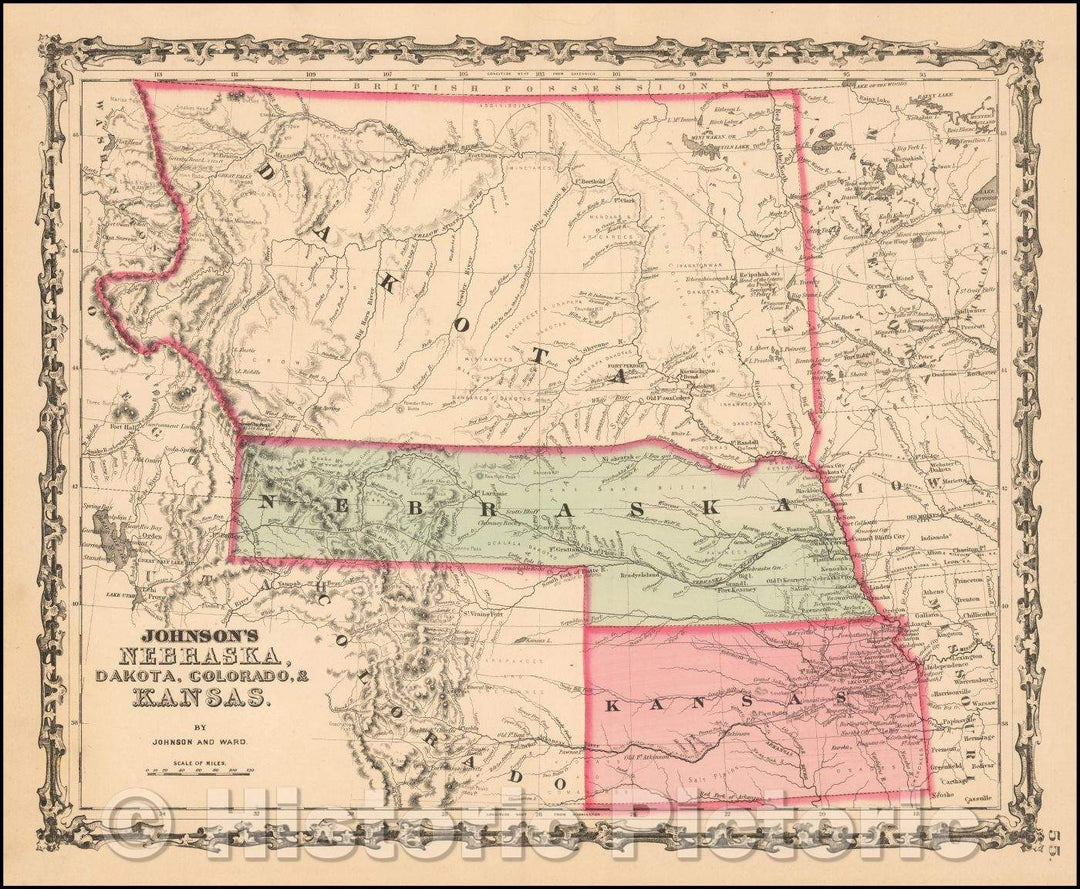Historic Map - Johnson's Nebraska, Dakota, Colorado & Kansas, 1861, Benjamin P Ward v1