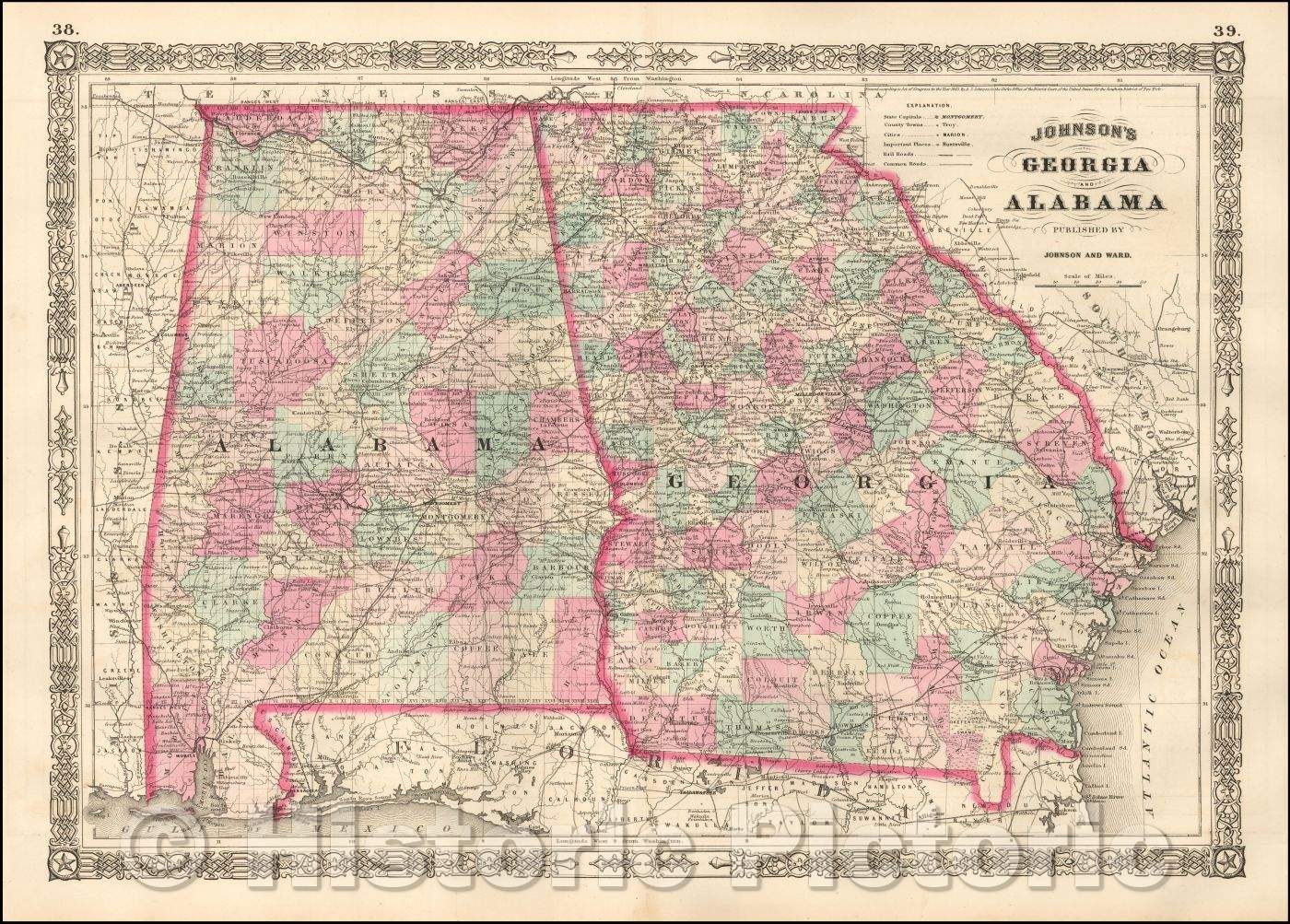 Historic Map - Johnson's Georgia and Alabama, 1863, Benjamin P Ward v1
