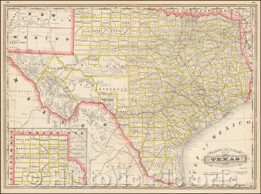 Historic Map - Railroad and County Map of Texas, 1882, George F. Cram - Vintage Wall Art