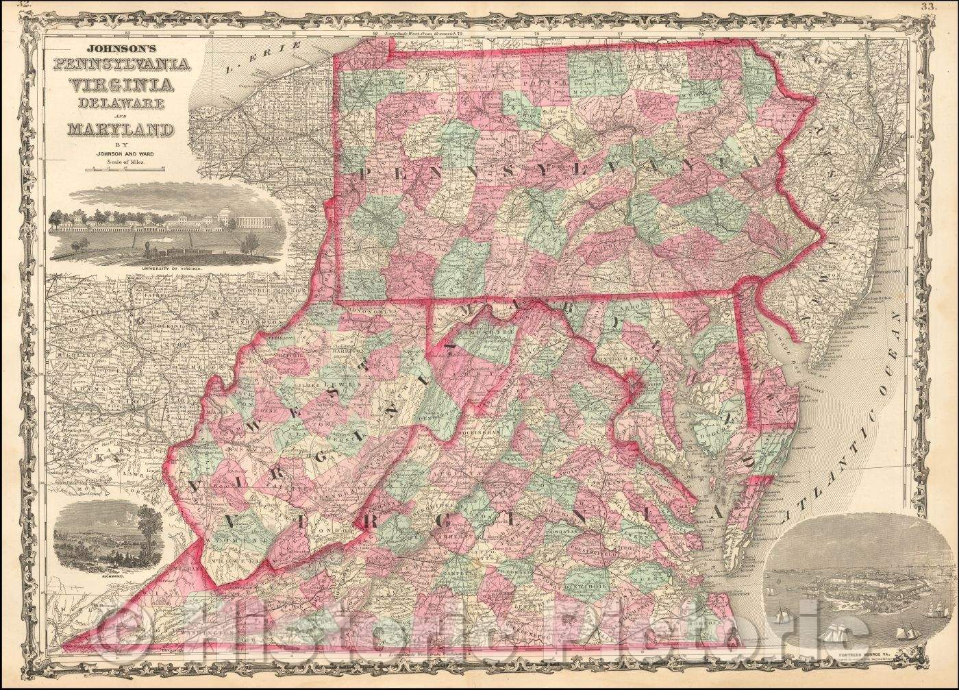 Historic Map - Johnson's Pennsylvania, Virginia, Delaware and Maryland, 1863, Alvin Jewett Johnson - Vintage Wall Art