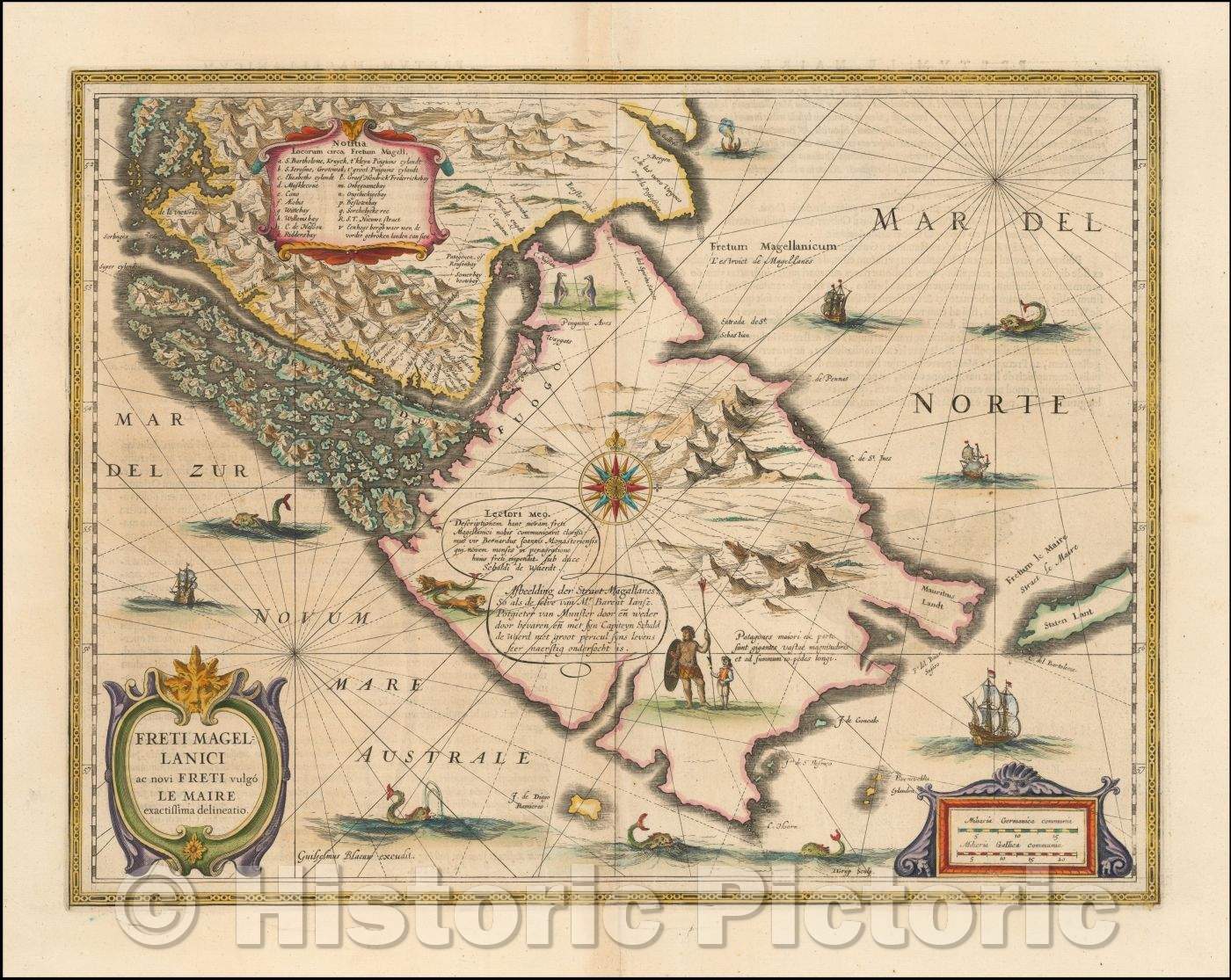 Historic Map - Freti Magellanici ac novi Freti vulgo Le Maire exactissima delineatio, 1635, Willem Janszoon Blaeu - Vintage Wall Art