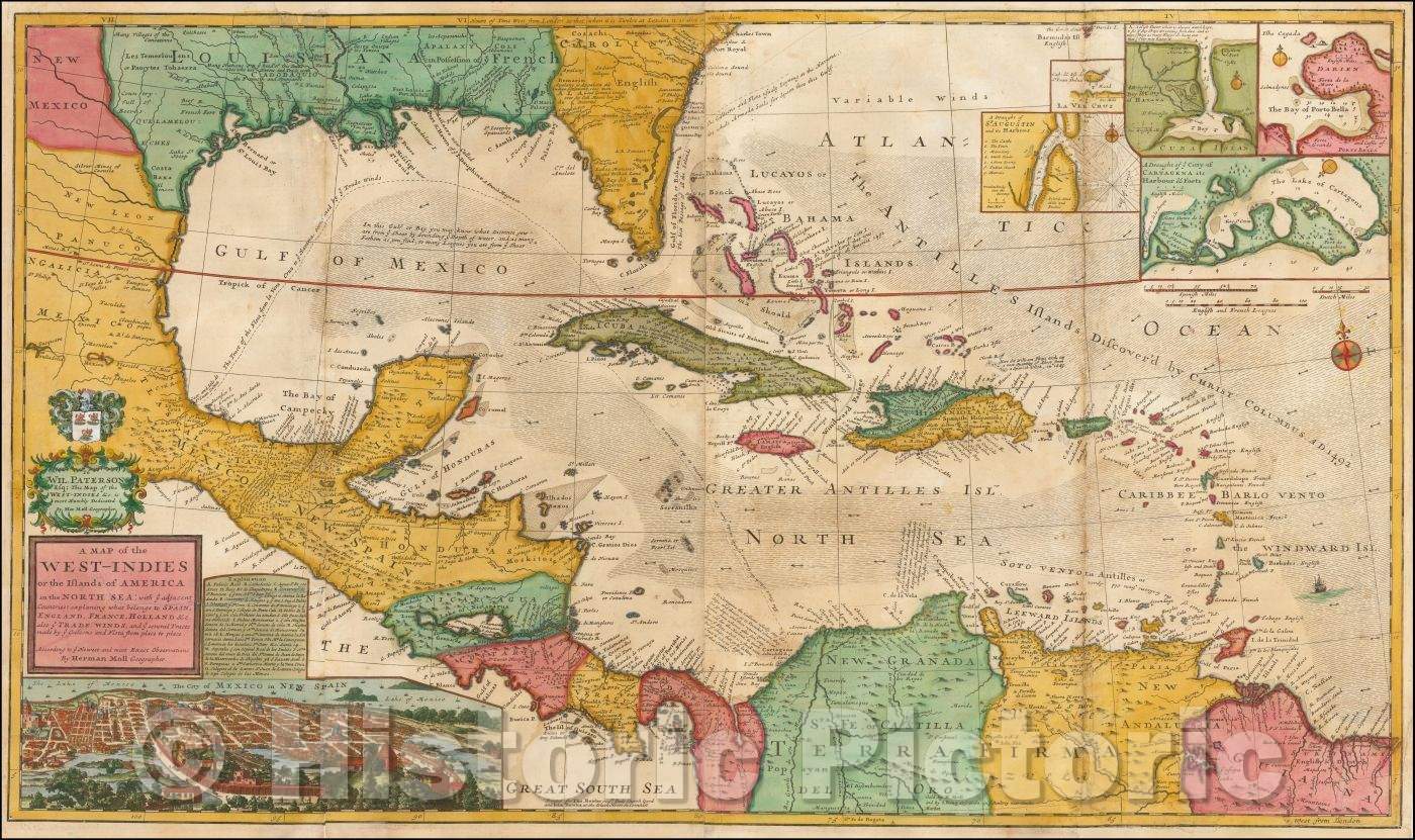 Historic Map - A Map of the West-Indies or the Islands of America in the North Sea, 1733, Hermann Moll - Vintage Wall Art