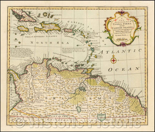 Historic Map - A New and Accurate Map of Terra Firma and the Caribbe Islands, 1744, Emanuel Bowen - Vintage Wall Art