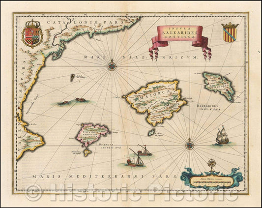 Historic Map - Insulae Balearides et Pytiusae/Map of the islands of Majorca, Minorca, and Ibiza, along with the contiguous Catalan Coastline, 1635 - Vintage Wall Art