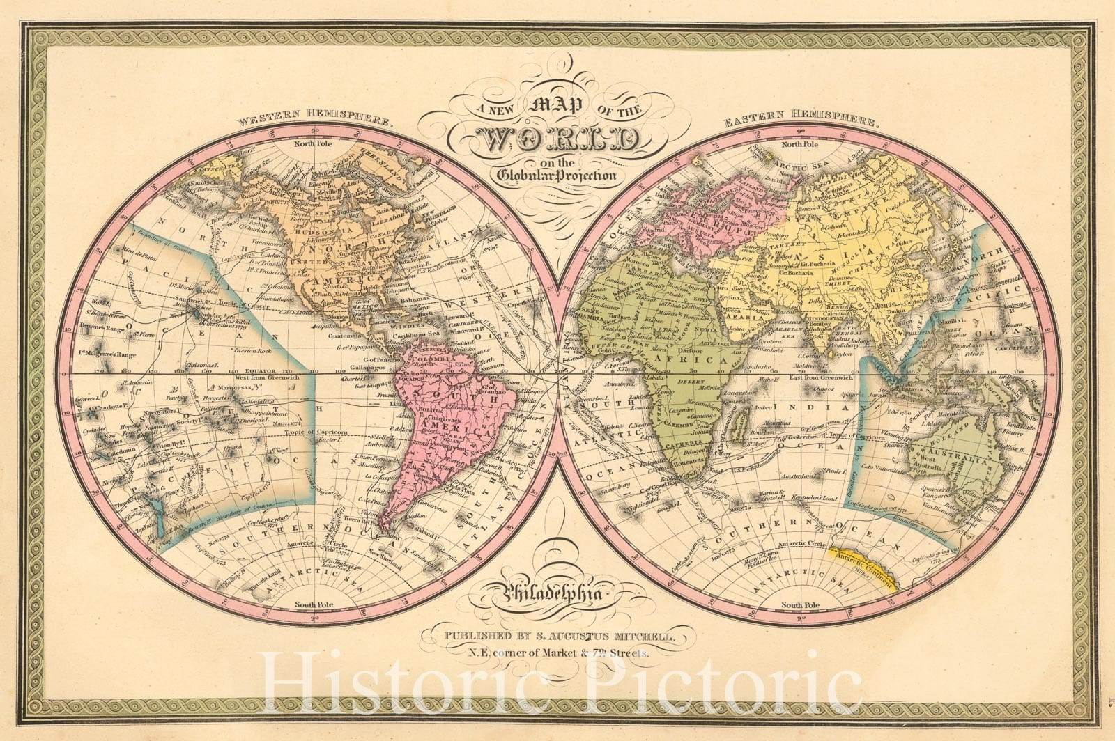 Historic Map - A New Map of the World on the Globular Projection, 1850, Samuel Augustus Mitchell - Vintage Wall Art