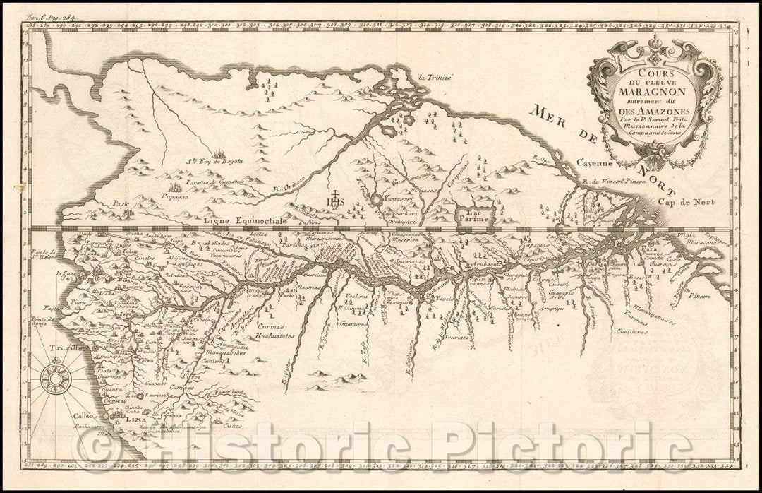 Historic Map - Cours De Fleuve Maragnon autre dit des Amazones Par le Samuel Fritz/Map of the Mara?n River, 1707, Samuel Fritz - Vintage Wall Art