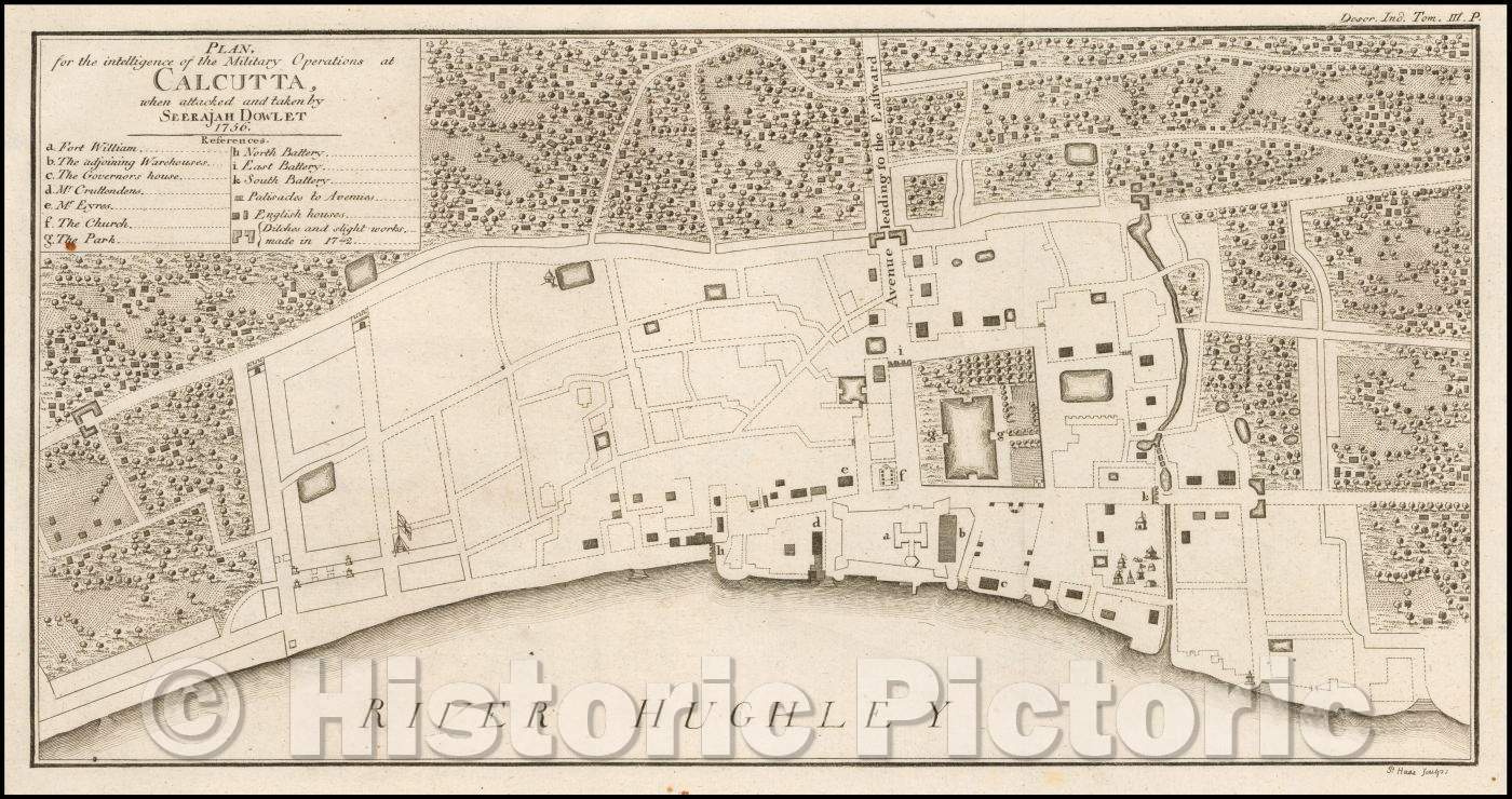 Historic Map - Plan for the intelligence of Military Operations at Calcutta when attacked and taken, 1756, John Call - Vintage Wall Art