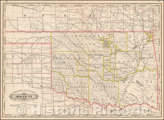 Historic Map - Railroad and County Map of Indian Ter, 1882, George F. Cram - Vintage Wall Art