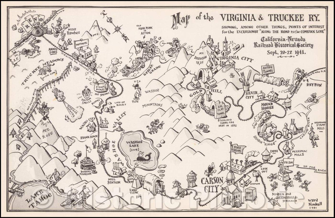 Historic Map - Map of the Virginia & Truckee Ry. Showing, Among Other Things, Points of Interest for the Excursion, 1941, Ward Kimball - Vintage Wall Art
