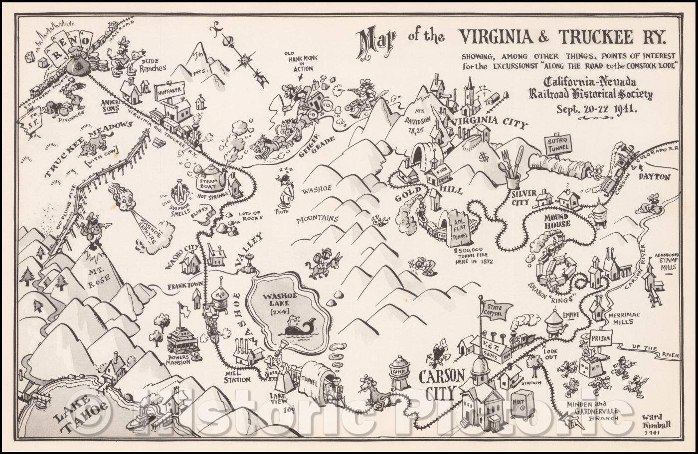 Historic Map - Map of the Virginia & Truckee Ry. Showing, Among Other Things, Points of Interest for the Excursion, 1941, Ward Kimball - Vintage Wall Art