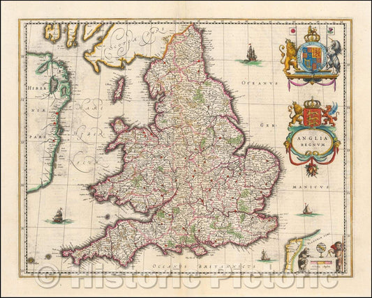 Historic Map - Anglia Regnum, 1635, Willem Janszoon Blaeu - Vintage Wall Art