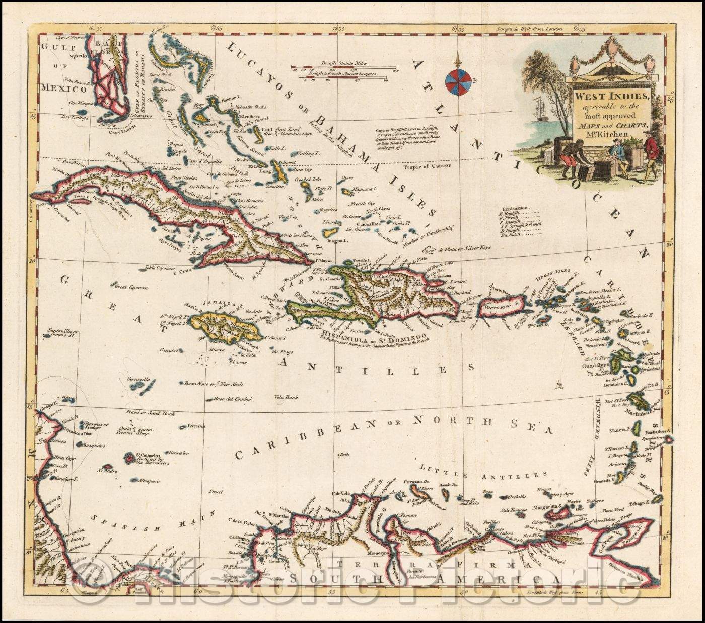 Historic Map - West Indies agreeable to the most approved maps and Charts, Mr. Kitchen, 1782, Anonymous - Vintage Wall Art