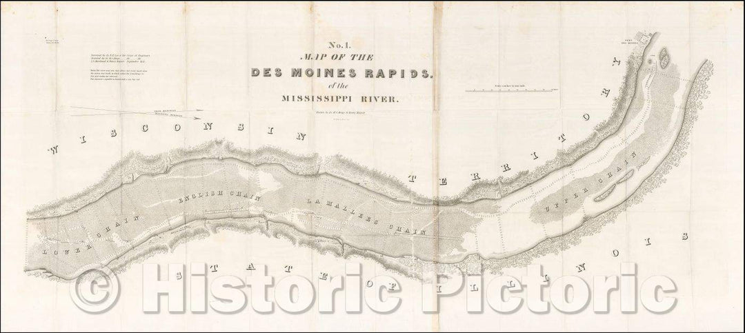 Historic Map - Map of the Des Moines Rapids of the Mississippi River, 1837, Robert E. Lee v1