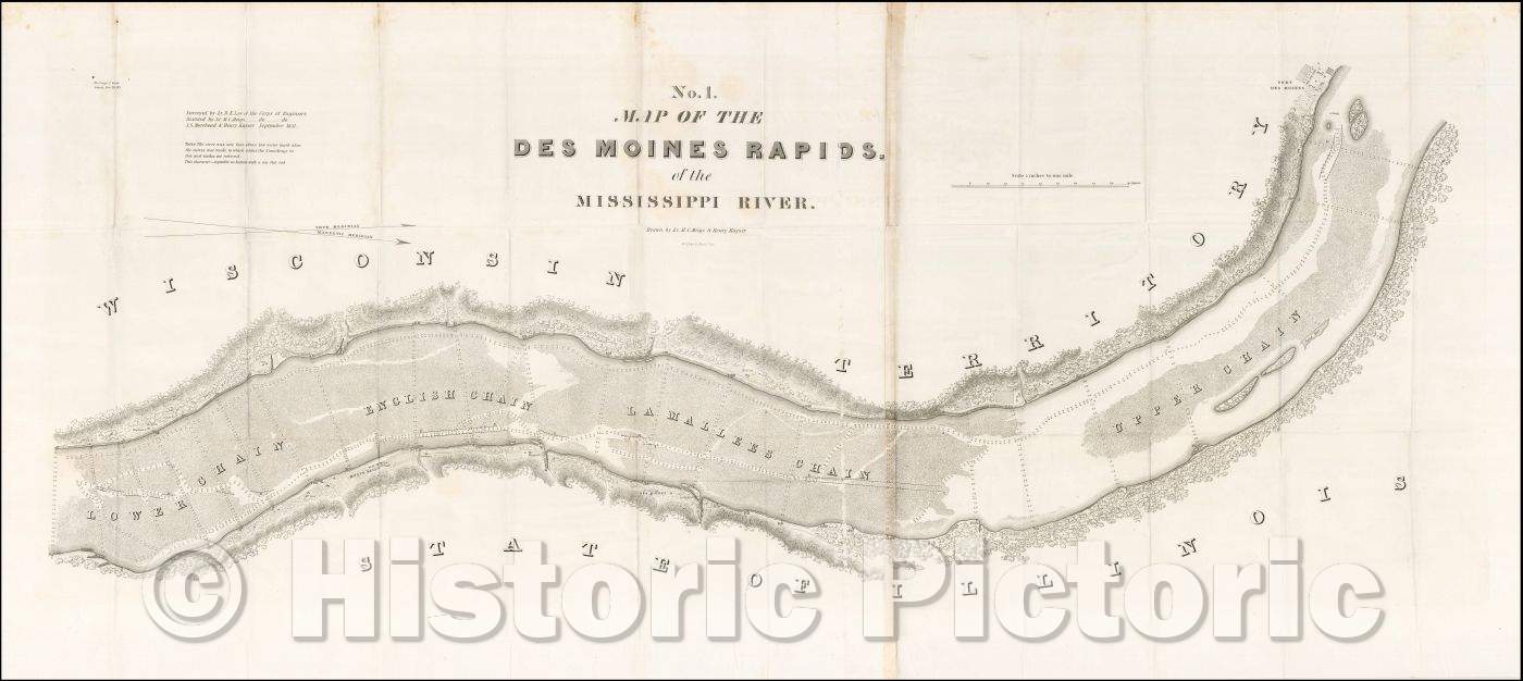 Historic Map - Map of the Des Moines Rapids of the Mississippi River, 1837, Robert E. Lee v1