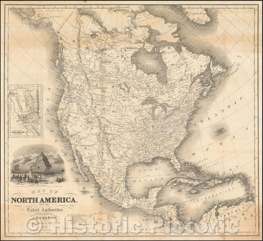 Historic Map - Map of North America From The Latest Authorities, 1852, Joseph Hutchins Colton - Vintage Wall Art