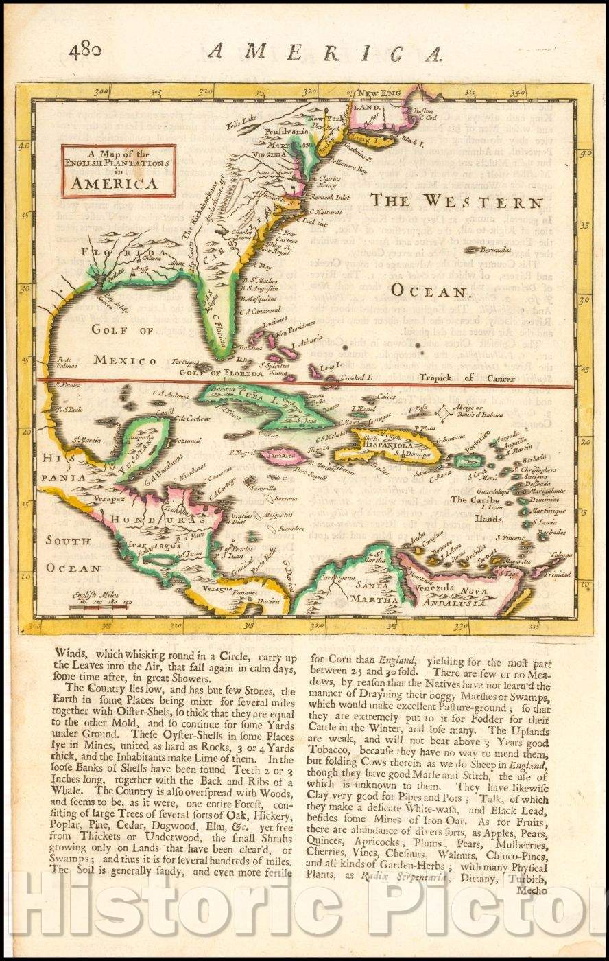 Historic Map - English Plantations in America, 1695, Herman Moll - Vintage Wall Art