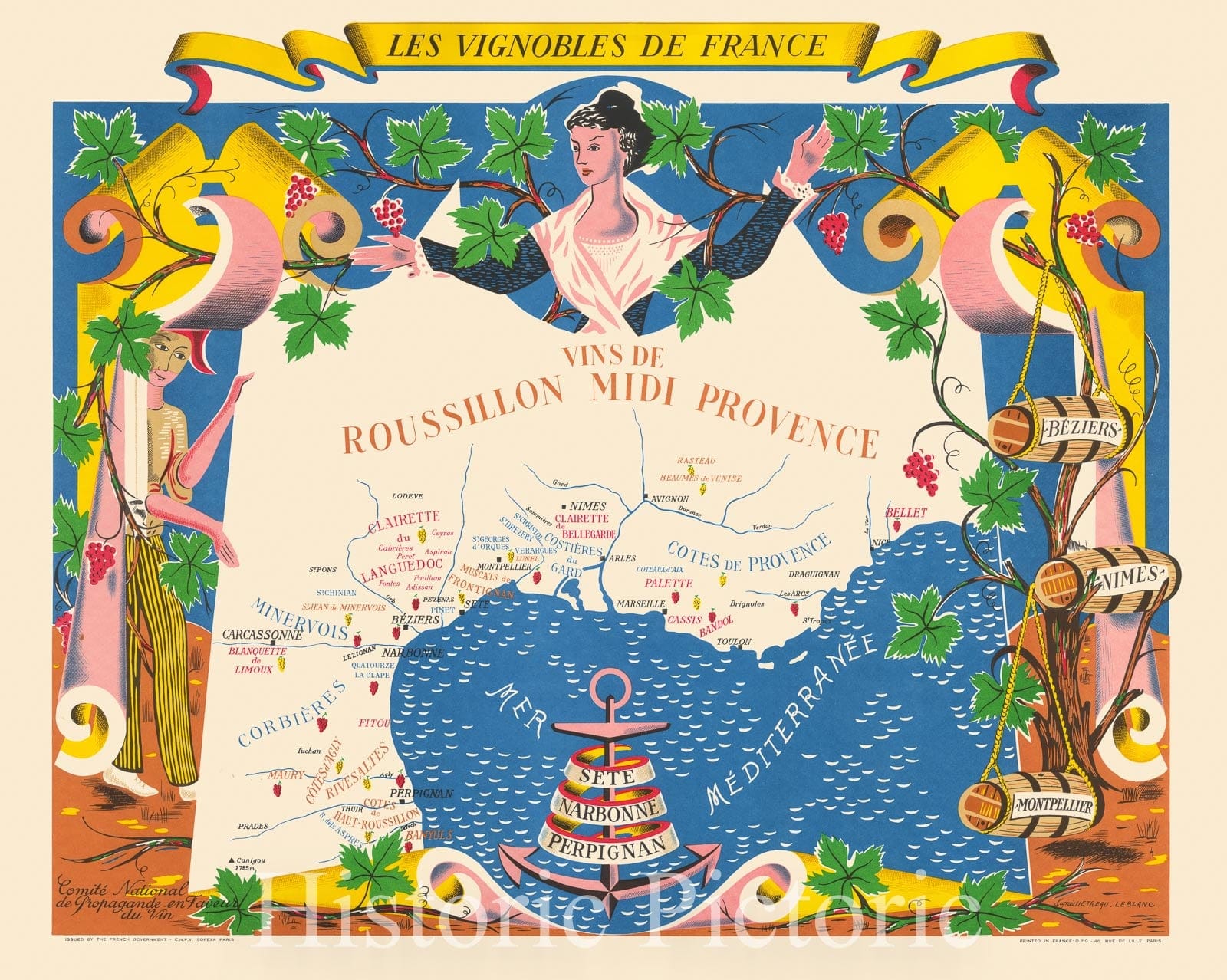Historic Map : Les Vignobles de France. Vins de Roussillon Midi Provence. Sete. Narbonne. Perpignan., 1954, Vintage Wall Art