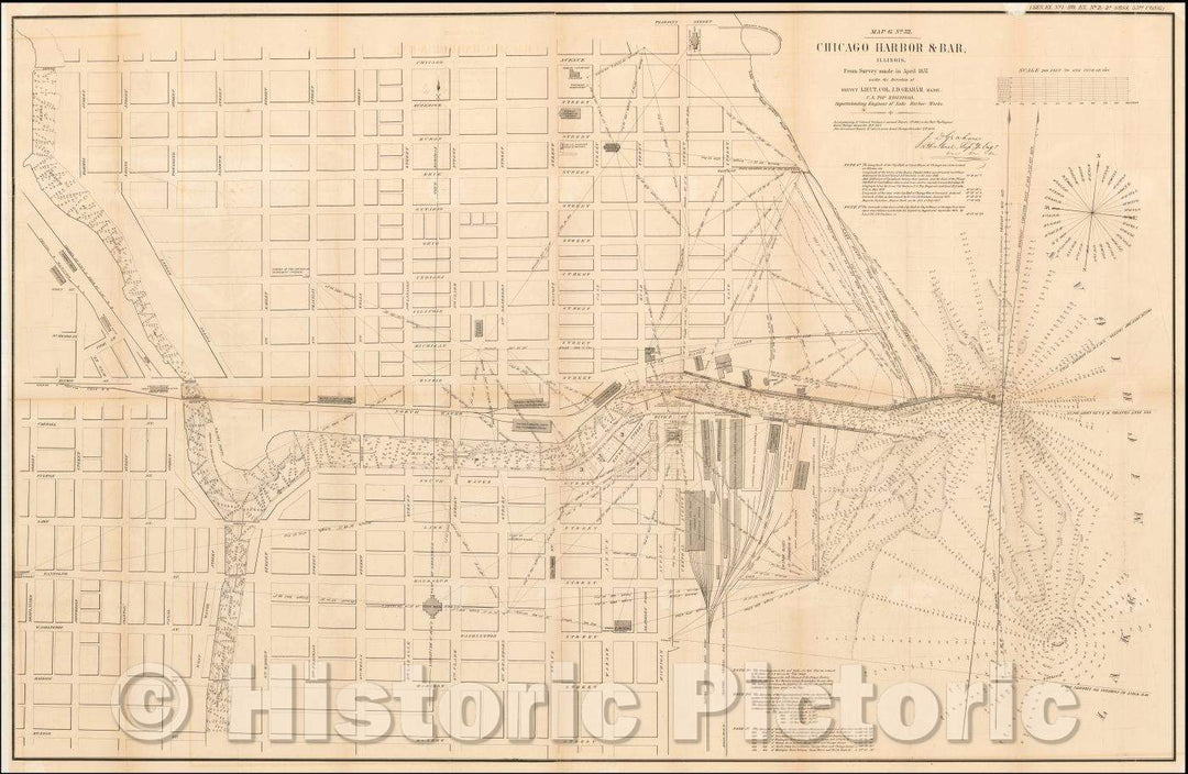 Historic Map - Chicago Harbor & Bar, Illinois. From Survey made in April, 1858, U.S. Army Corps of Topographical Engineer - Vintage Wall Art