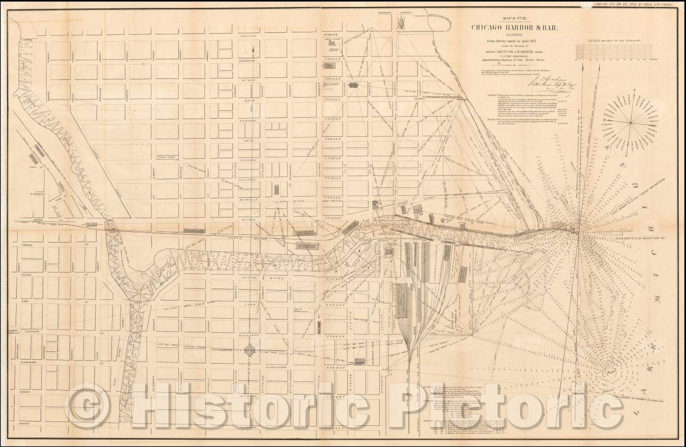 Historic Map - Chicago Harbor & Bar, Illinois. From Survey made in April, 1858, U.S. Army Corps of Topographical Engineer - Vintage Wall Art
