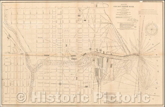Historic Map - Chicago Harbor & Bar, Illinois. From Survey made in April, 1858, U.S. Army Corps of Topographical Engineer - Vintage Wall Art