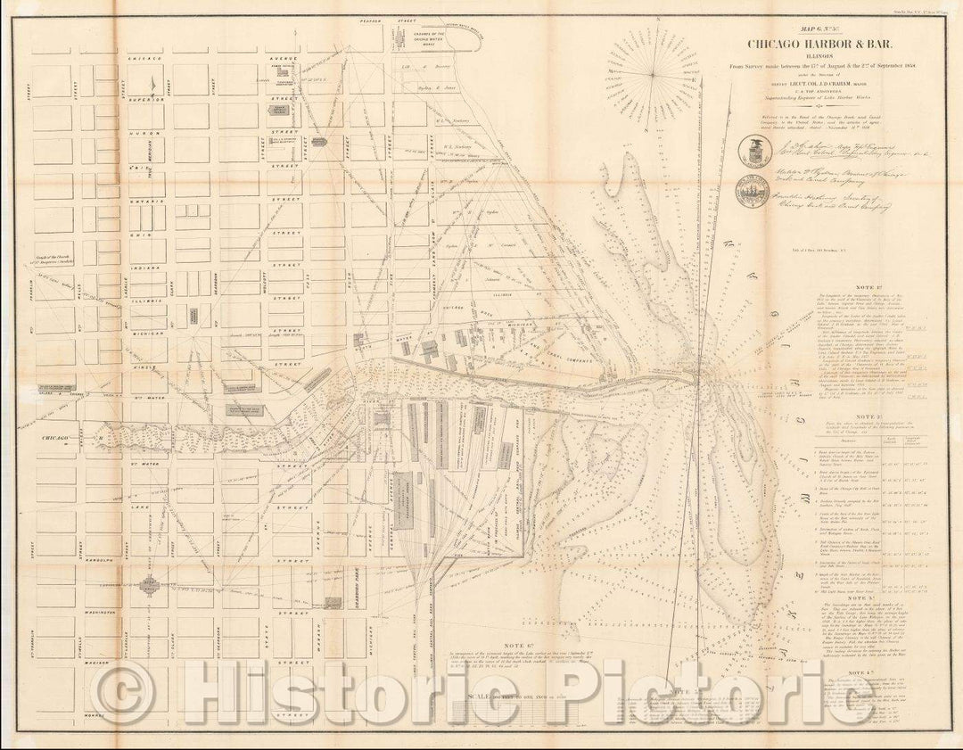 Historic Map - Chicago Harbor & Bar, Illinois. From Survey made between 17th of August & the 2nd of September 1858, 1858 - Vintage Wall Art