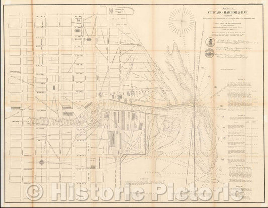 Historic Map - Chicago Harbor & Bar, Illinois. From Survey made between 17th of August & the 2nd of September 1858, 1858 - Vintage Wall Art