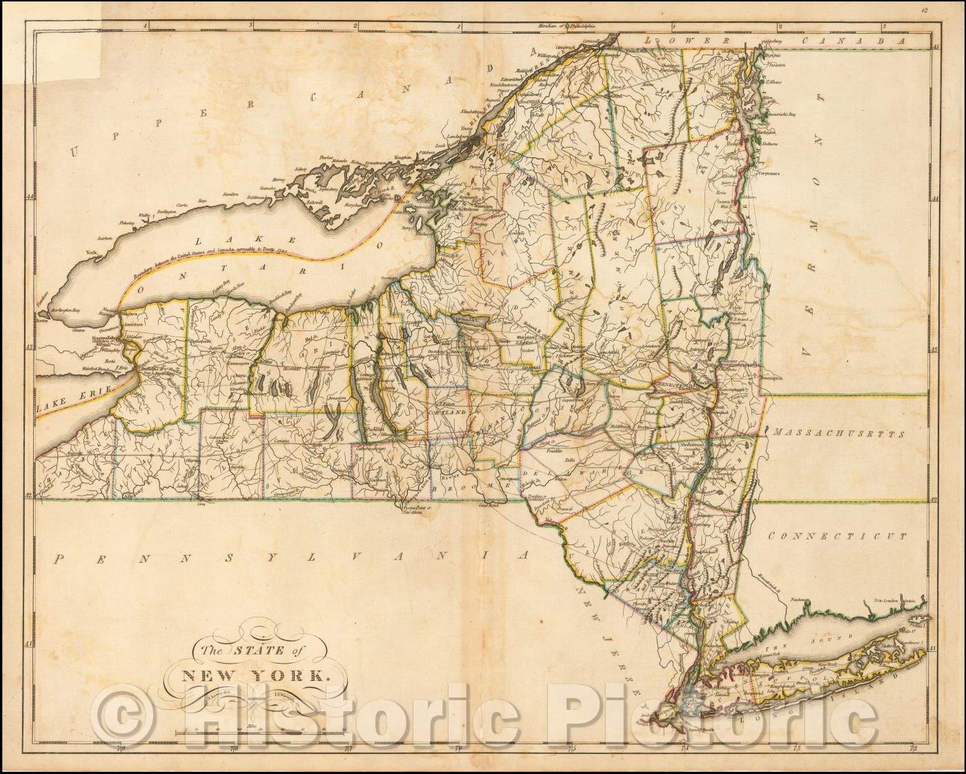 Historic Map - The State of New York, 1814, Mathew Carey - Vintage Wall Art