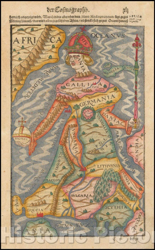 Historic Map - Europe as a Queen, 1570, Sebastian M?nster - Vintage Wall Art
