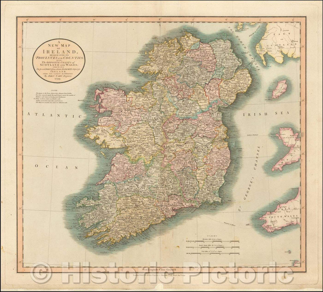 Historic Map - A New Map of Ireland, Divided into its Provinces and Counties; Also the Opposite Coasts, 1799, John Cary - Vintage Wall Art