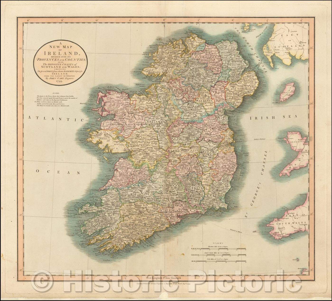 Historic Map - A New Map of Ireland, Divided into its Provinces and Counties; Also the Opposite Coasts, 1799, John Cary - Vintage Wall Art