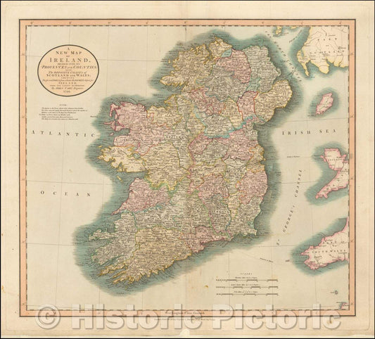 Historic Map - A New Map of Ireland, Divided into its Provinces and Counties; Also the Opposite Coasts, 1799, John Cary - Vintage Wall Art