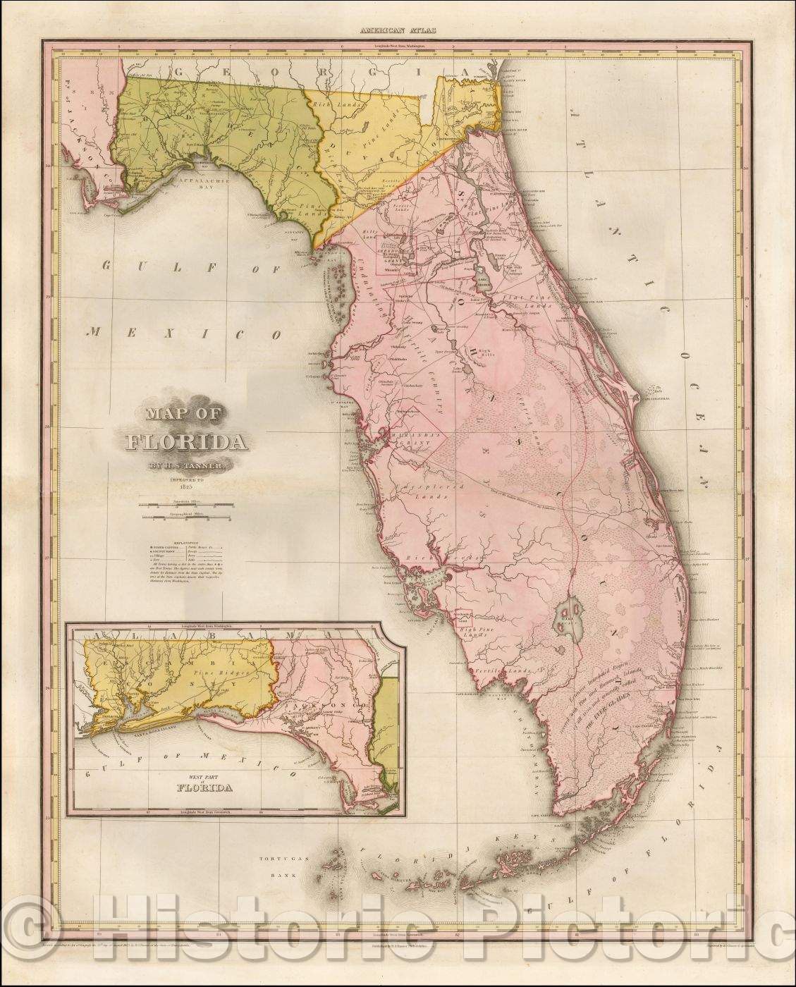 Historic Map - Map of Florida, 1825, Henry Schenk Tanner - Vintage Wall Art