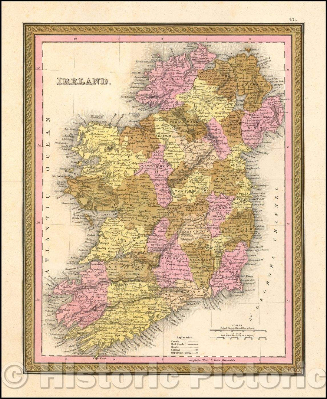 Historic Map - Ireland, 1850, Samuel Augustus Mitchell - Vintage Wall Art