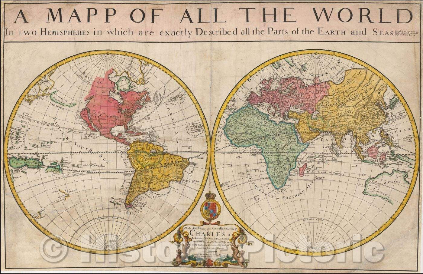Historic Map - A Mapp of All The World. In two Hemispheres in which are exactly Described all the Parts of the Earth and Seas, 1680, William Berry - Vintage Wall Art