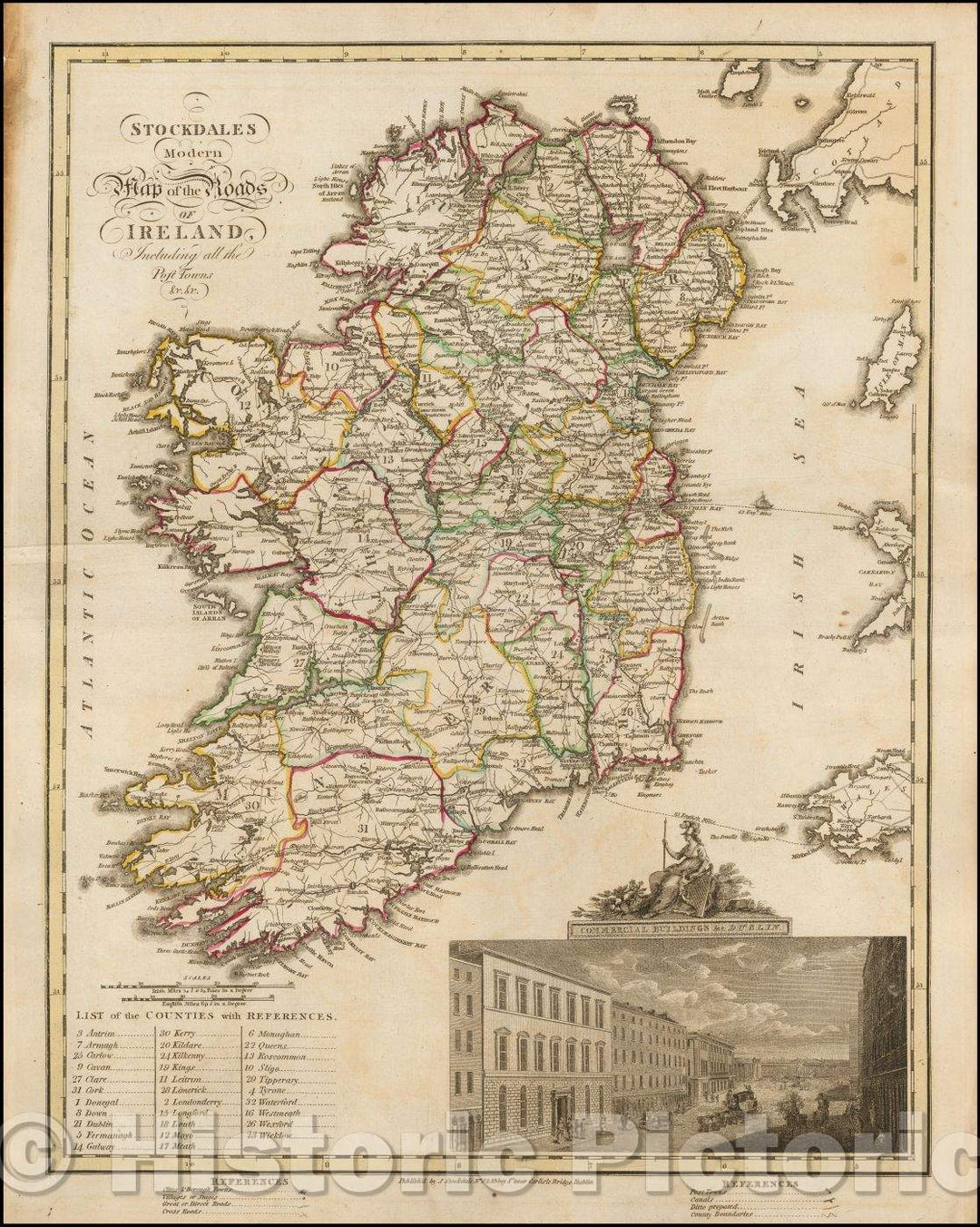 Historic Map - Stockdales Modern Map of the Roads of Ireland Including all the Post Towns (Inset View of Dublin), 1810, John Stockdale - Vintage Wall Art