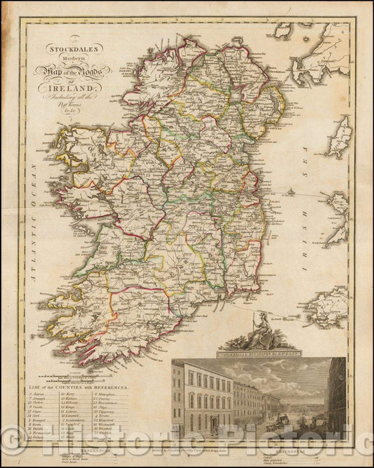 Historic Map - Stockdales Modern Map of the Roads of Ireland Including all the Post Towns (Inset View of Dublin), 1810, John Stockdale - Vintage Wall Art
