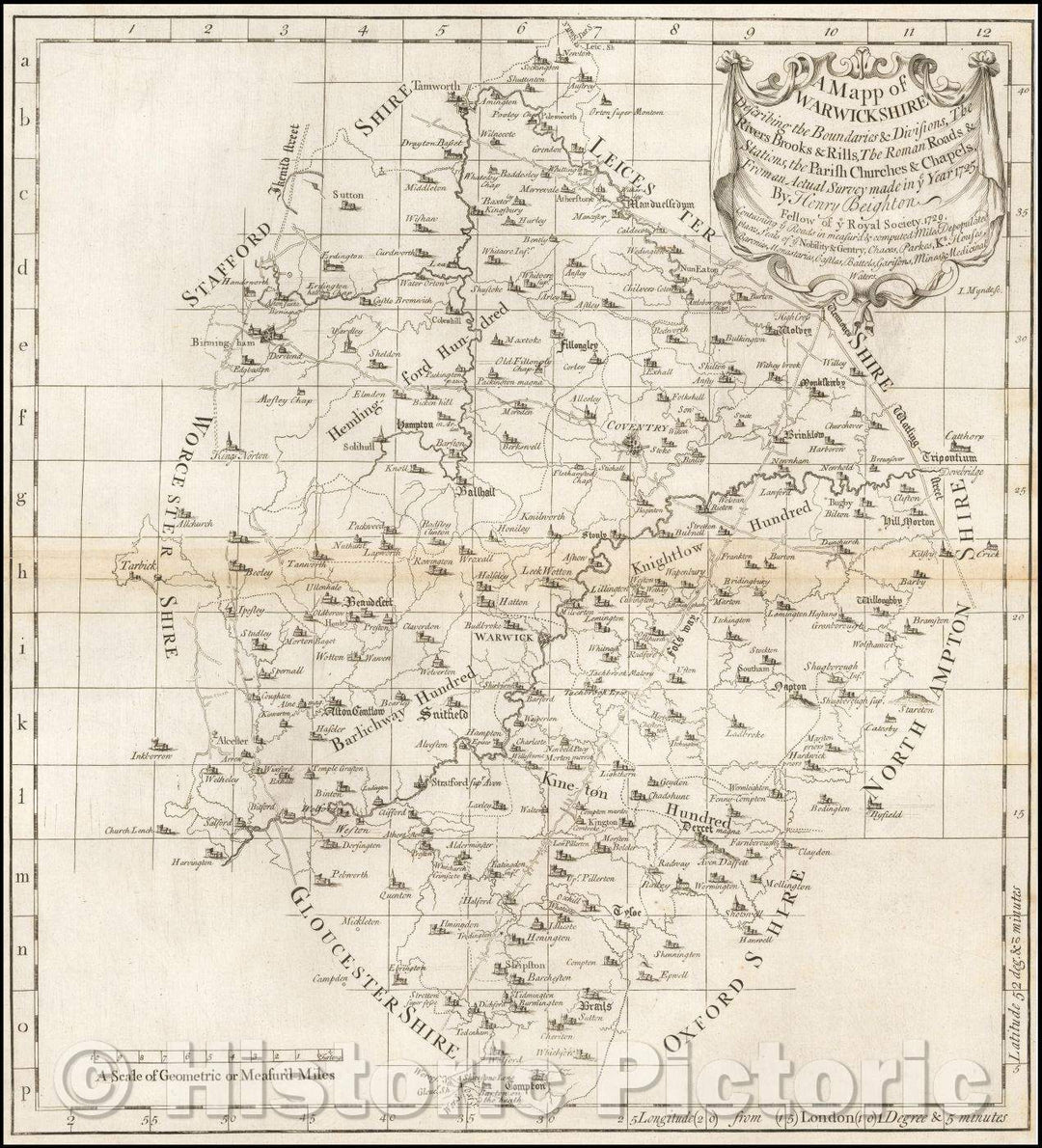 Historic Map - A Mapp of Warwickshire Describing the Boundaries & Divisions, The River Brooks & Rills, The Roman Roads & Stations, 1730, Henry Beighton - Vintage Wall Art