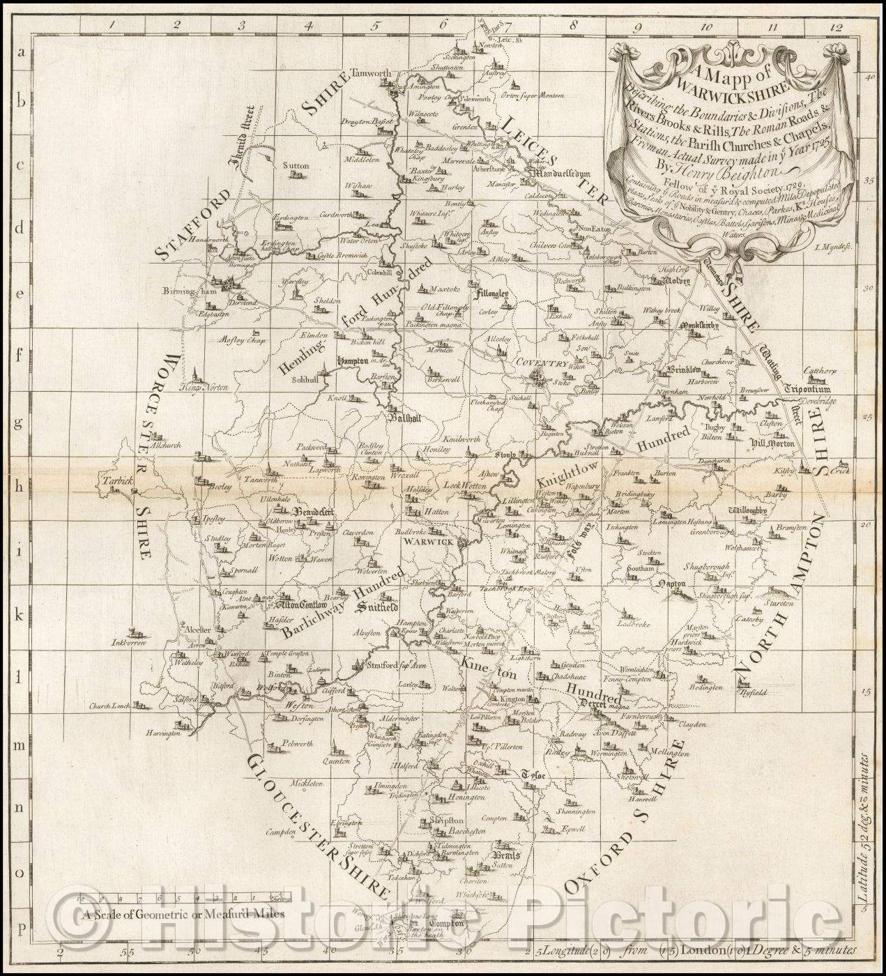 Historic Map - A Mapp of Warwickshire Describing the Boundaries & Divisions, The River Brooks & Rills, The Roman Roads & Stations, 1730, Henry Beighton - Vintage Wall Art